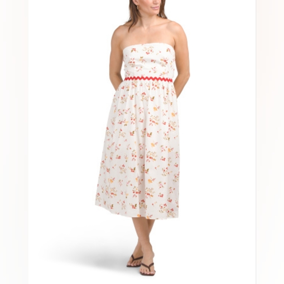 NWT - Cotton Poplin Strapless Floral Midi Dress w Keyhole & Bow Tie Back - L - Picture 1 of 13